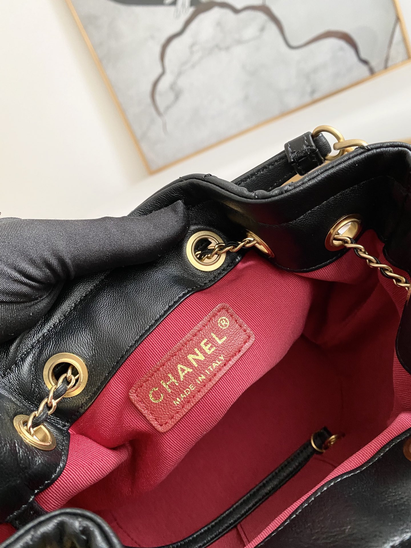 Ch**el Drawstring Button Bucket Bag 21x24x14cm