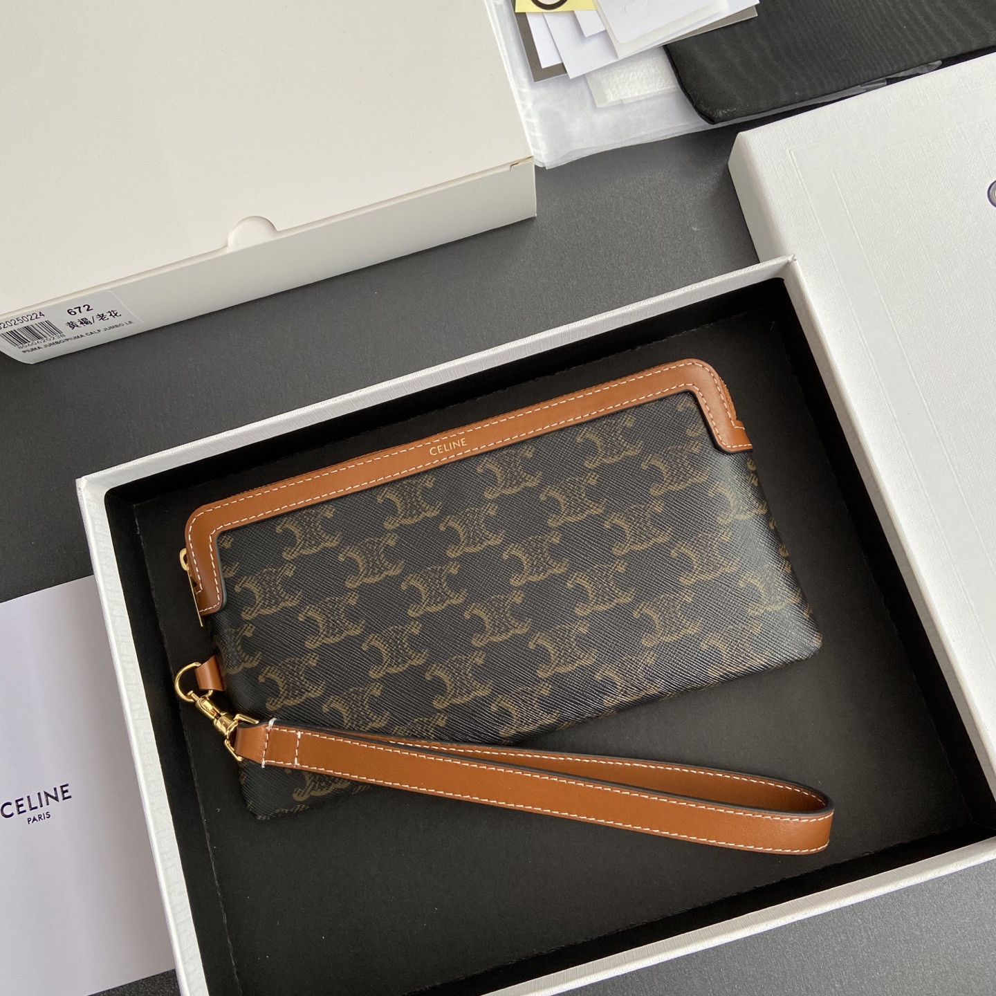 Ce1i*e LONG POUCH WITH STRAP in triomphe canvas and calfskin 21.5x11.5x1cm