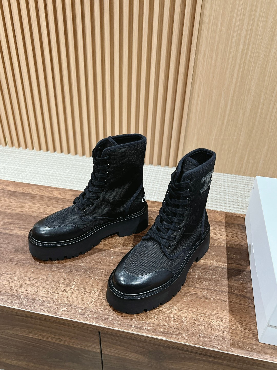 UA Ce1i*e Bulky Laced UP Boot in Nylon and Shiny Bull 4.5cm Heel