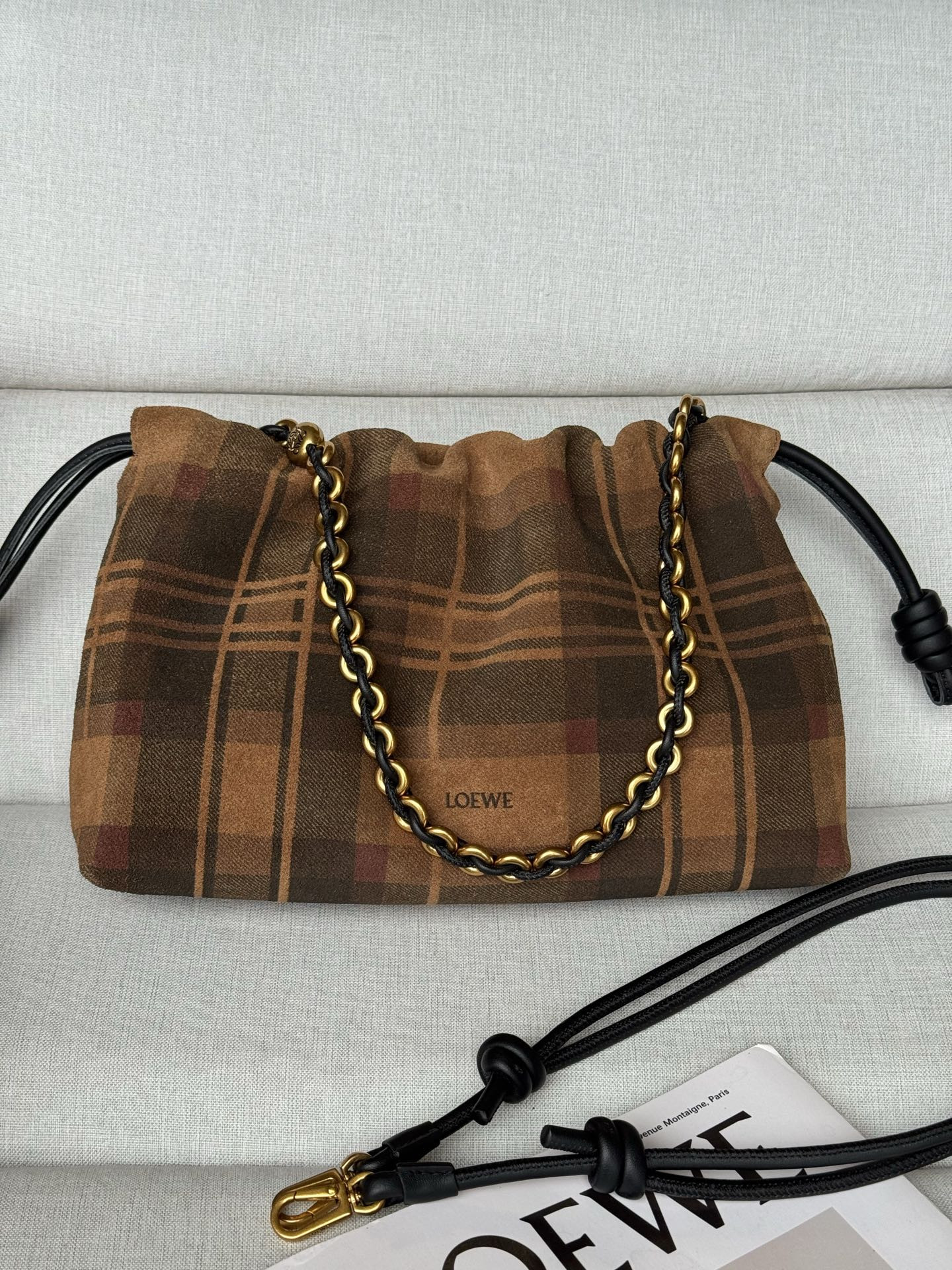 L0ew* Medium Flamenco Purse in Tartan Suede 20x30x10.5cm