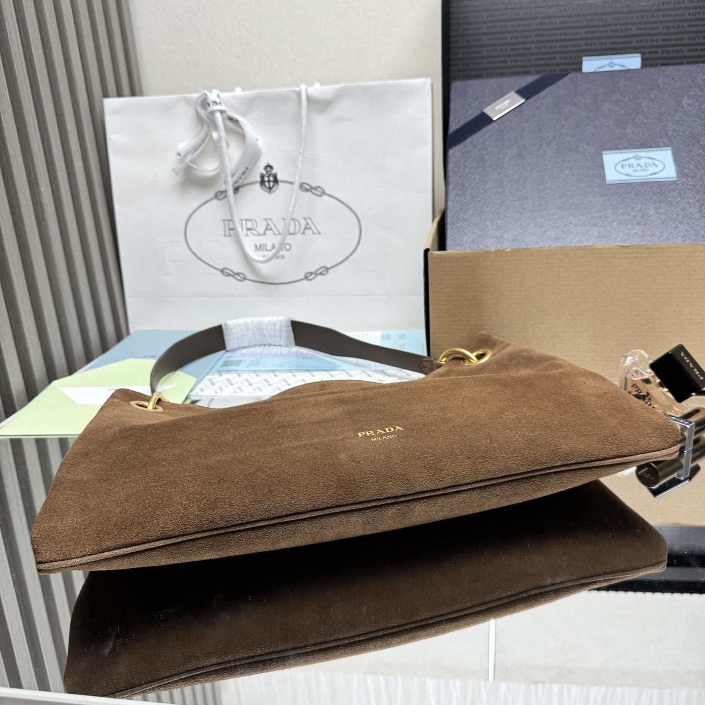 Pra*a Etude Large Suede Shoulder Bag 24.5x40.5cm