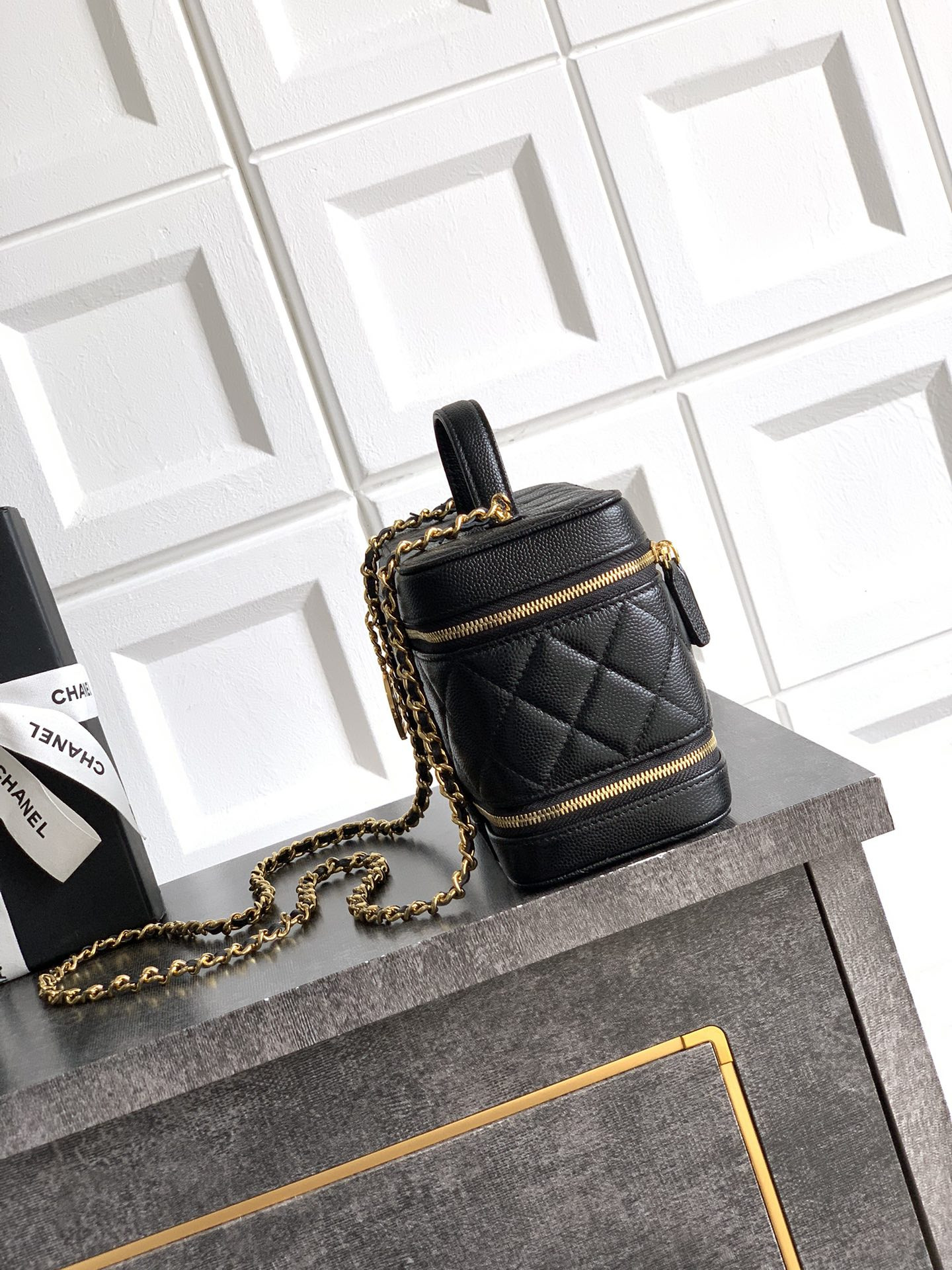 Ch**el Leather Cosmetic  Black Bag 17x9.5x9cm