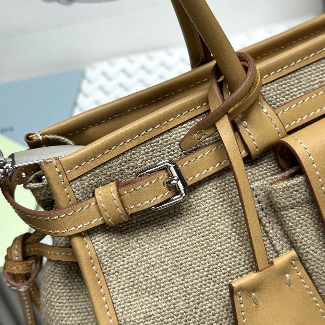 Pra*a Bonnie Medium Linen and Leather Handbag 15.5x32x12cm